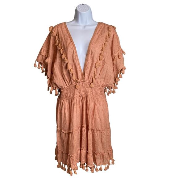 Z&L Women's Peach Tassel Boho Mini Dress Size XL Hippie Festival Indie Smocking - Picture 1 of 11